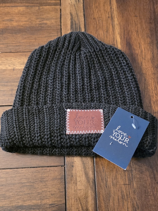 Love Your Melon Accessories - Love Your Melon Black Knit Cuffed Beanie with Leather Patch